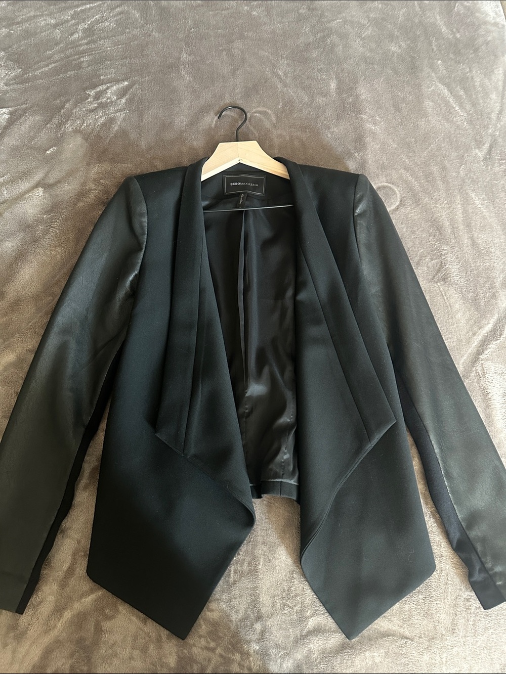 BCBGMaxazria Black Draped Open Front Blazer with leather arm